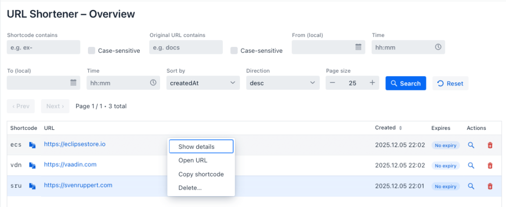 Screenshot of the URL Shortener Overview interface, displaying an interactive table with shortcodes, original URLs, creation dates, expiration statuses, and action buttons for details, opening URLs, copying shortcodes, and deleting entries.