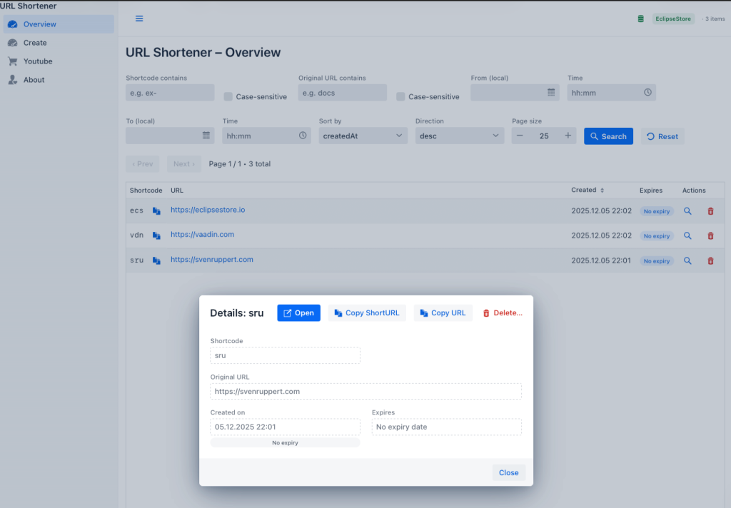 Screenshot of the URL Shortener application overview, displaying a table with shortcodes and their corresponding original URLs. A detailed dialog is open showing details for the shortcode &lsquo;sru&rsquo; with options to open, copy, and delete the entry.