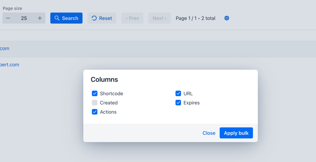 A user interface displaying a column selection dialog with checkboxes for columns including &lsquo;Shortcode&rsquo;, &lsquo;Created&rsquo;, &lsquo;URL&rsquo;, &lsquo;Expires&rsquo;, and &lsquo;Actions&rsquo;, along with buttons for &lsquo;Close&rsquo; and &lsquo;Apply bulk&rsquo;.