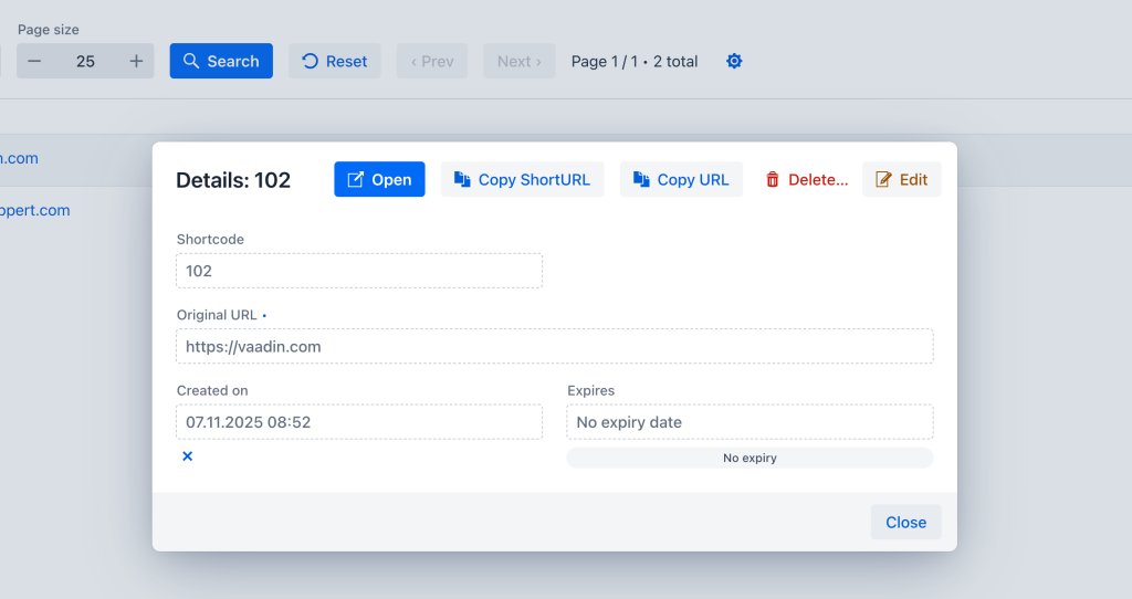 A modal dialog displaying details for a shortened URL, including fields for shortcode, original URL, creation date, and expiration status. It features buttons for opening the URL, copying the shortcode and original URL, editing, and deleting the record.