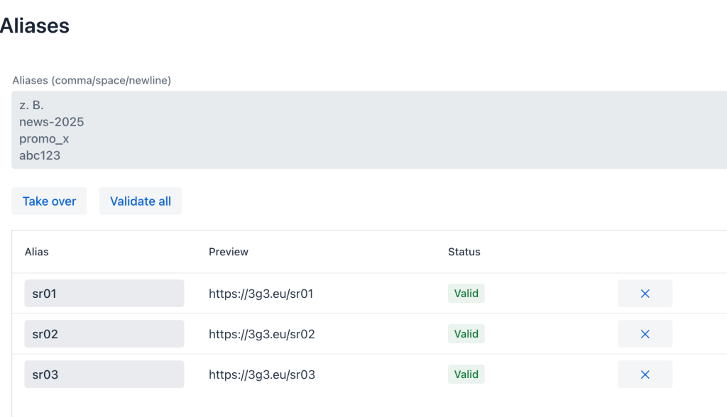 An interface for managing URL aliases, featuring fields for entering aliases, a preview section, and buttons for taking over or validating the aliases. The status of each alias is displayed as valid.