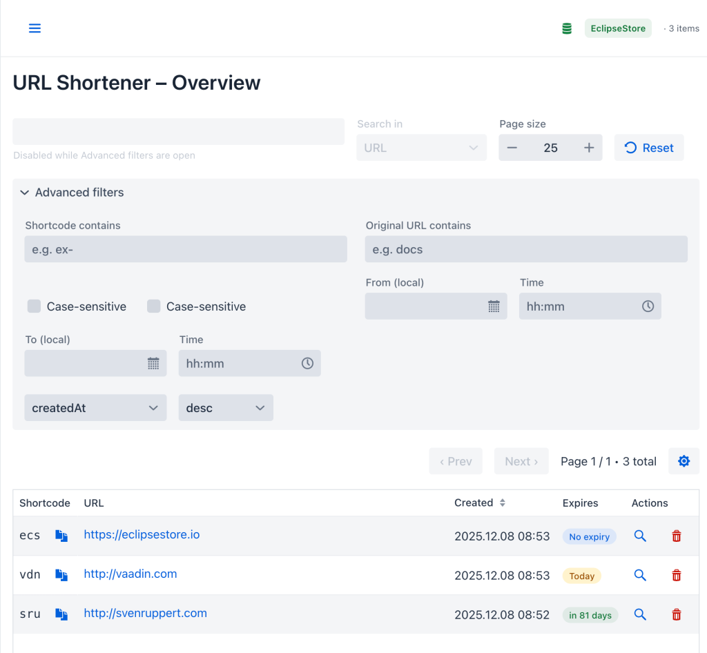 Overview of the URL shortener interface, featuring a search bar, advanced filters for shortcode and original URL, and a table displaying shortcodes, URLs, creation dates, expiration status, and action buttons.