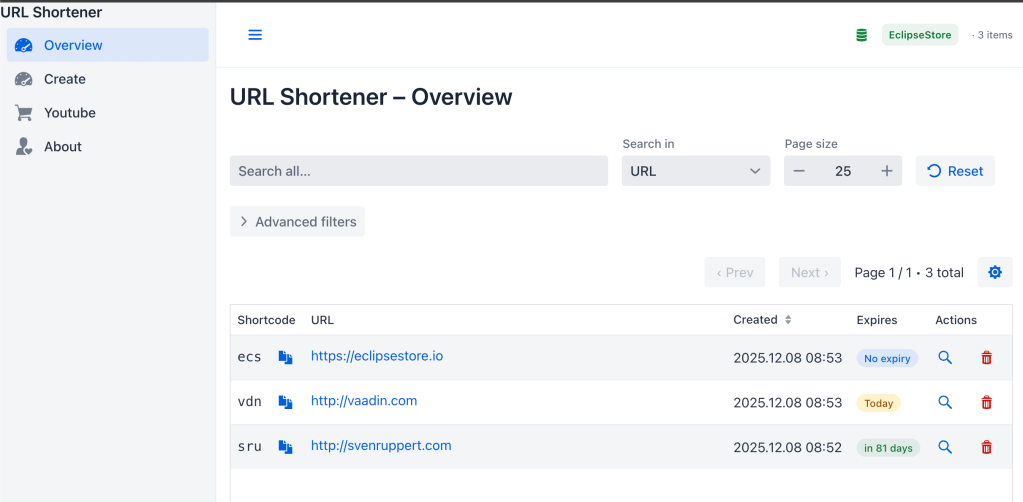 Screenshot of the URL Shortener Overview page displaying a search bar, options for filtering search results, and a table showcasing shortened URLs, their original URLs, creation dates, and expiration status.