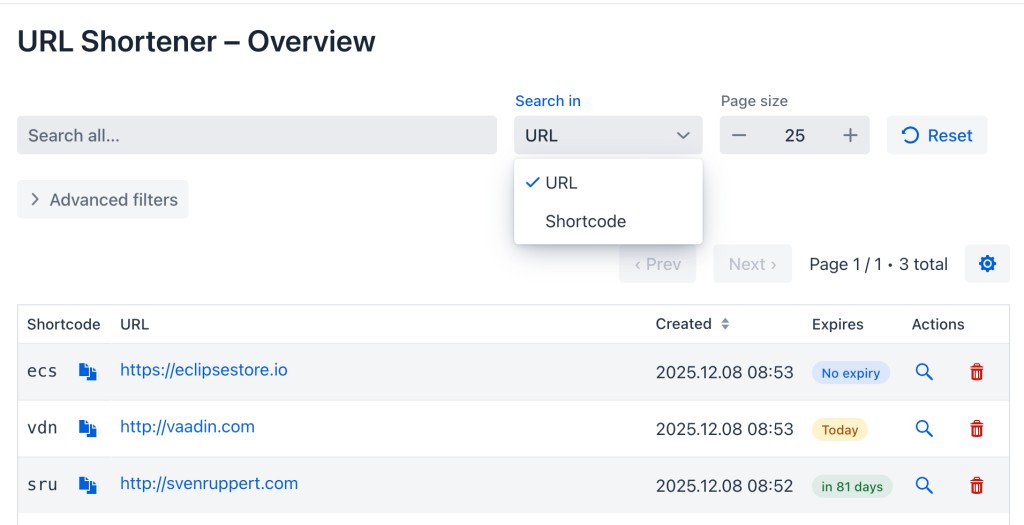 Screenshot of the URL Shortener overview, featuring search bar, filter options, and a table listing shortcodes, URLs, created dates, expiry information, and action buttons.