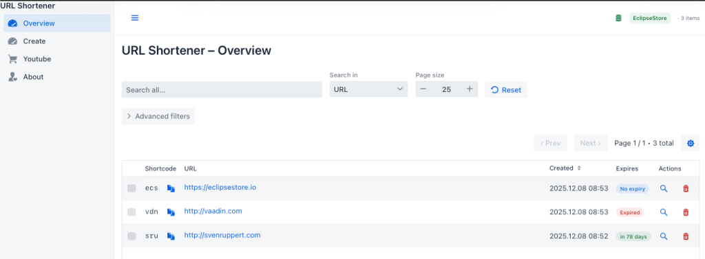 A screenshot of a URL shortener overview dashboard, displaying a list of shortened URLs with corresponding shortcodes, creation dates, and expiration status. The interface includes search functionality, pagination controls, and action buttons for managing entries.