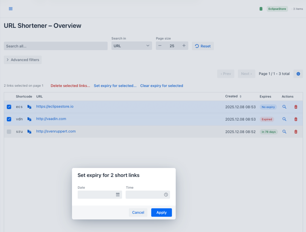 User interface of a URL shortener showing selected links with options to delete or set expiry, including a dialog box for setting the expiry date and time for multiple links.