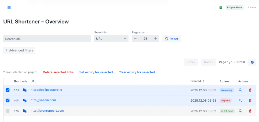 Overview of the URL shortener interface, displaying a grid of short links with options to delete selected links or set expiration dates.