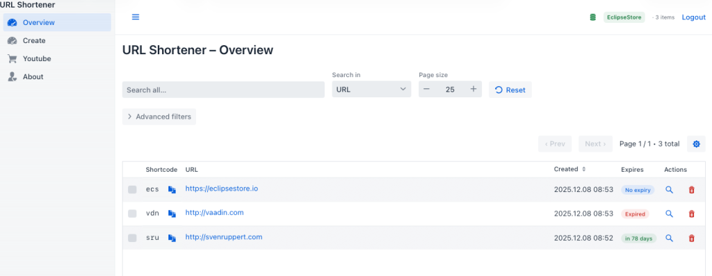 Screenshot of the URL shortener overview page, displaying a list of created short links with options to manage them including actions like viewing, deleting, and filtering by URL.