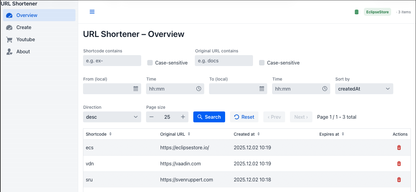 Screenshot of the URL Shortener overview page, displaying a table of shortcodes, original URLs, and creation timestamps, with search and filter options.
