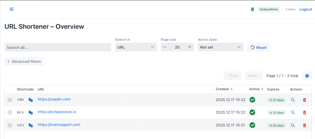 Overview of a URL shortener interface displaying shortcodes, URLs, creation dates, activity status, expiration dates, and action buttons.
