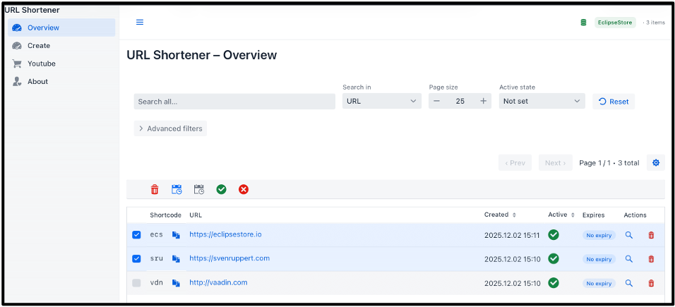 Screenshot of a URL shortener interface showing the overview with a search bar, pagination controls, and a table of shortened URLs with their details such as shortcode, creation date, and active status.