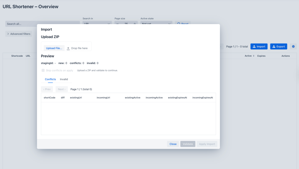 Screenshot of a URL shortener interface showing the import section, including options to upload a ZIP file, preview of URLs, and displayed conflicts.